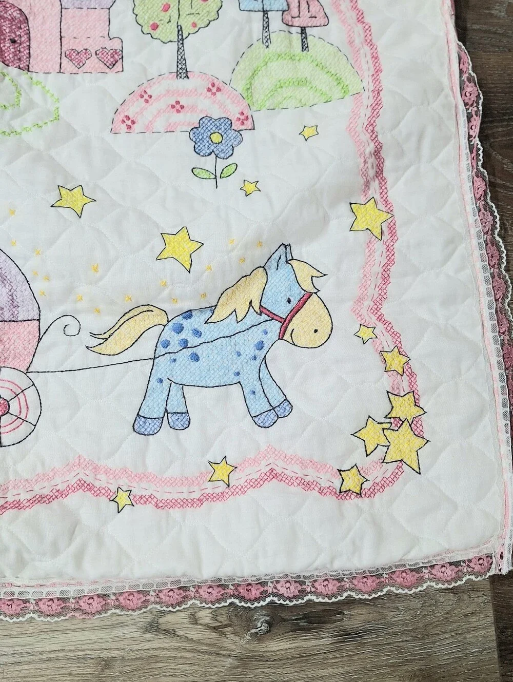 Bucilla Princess Handmade Cross Stitched Baby Quilt With Lace Edging 32 X 41